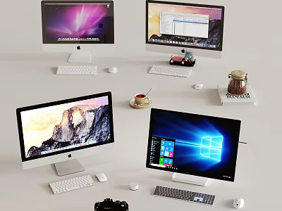 Multiple Desktop Monitors Running macOS and Windows with Keyboards and Mice on White Surface 3d model