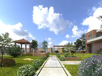 Garden Landscape Design With Pavilion Pathway Green Trees And Colorful Flowers Under Blue Sky 3d model