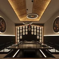 Japanese Restaurant Interior With Red Ceiling White Pendant Lights Round Lotus Painting And Lattice Walls