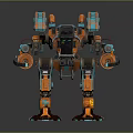 Game Movie Character Orange And Teal Mech Robot With Dual Weapons And Mechanical Structure