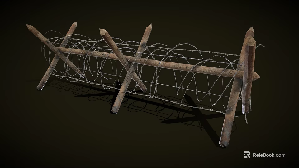Rustic Wooden Fence Structure With Coiled Barbed Wire And Crossed Posts 3d model 