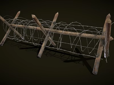 Rustic Wooden Fence Structure With Coiled Barbed Wire And Crossed Posts 3d model