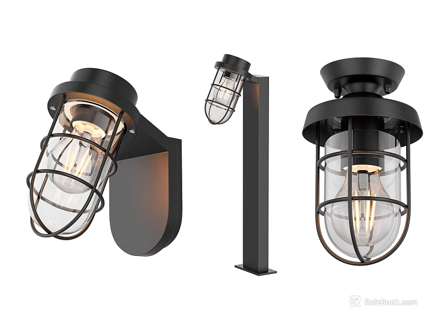 Industrial Outdoor Lights Black Metal Cage Design Wall Mounted Post Ceiling Fixtures Clear Glass 3d model 