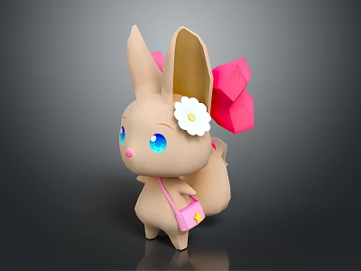 Beige Game Character With Large Ears Blue Eyes White Flower Pink Bow And Pink Bag 3d model