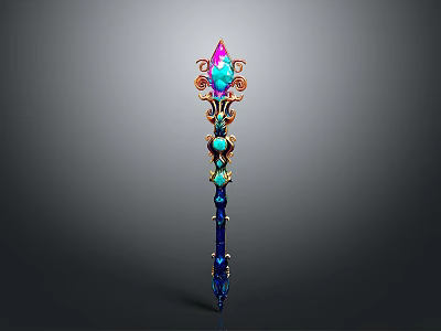 Enchanted Magic Staff With Pink Gemstone Blue Shaft And Gold Ornaments 3d model