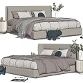 Modern Double Bed With White Gray Bedding Plush Pillows Nightstand Green Plant And Blue Toy