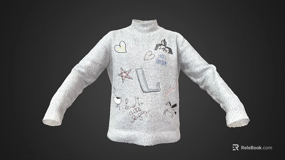 Gray Sweater Featuring Hand Drawn Heart Star Letter 2023 PJTC LOVE Animal Patterns 3d model 