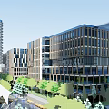 Modern Office Buildings Complex With Lush Green Trees And Pedestrian Walkway