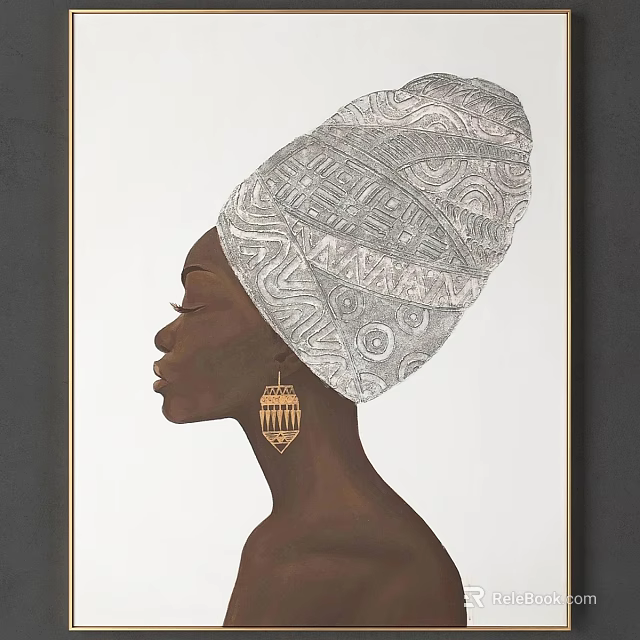 Portrait Frame with Side Profile of Woman in Intricate Patterned Headwrap and Gold Geometric Earrings 3d model 