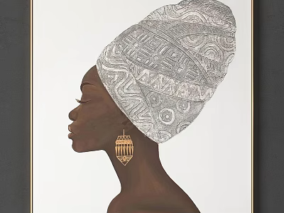 Portrait Frame with Side Profile of Woman in Intricate Patterned Headwrap and Gold Geometric Earrings 3d model