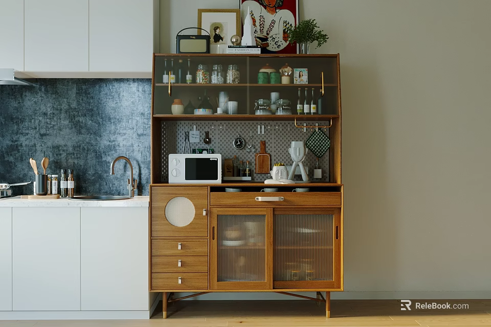 Wooden Cabinet With Glass Doors And Storage Items In Modern Kitchen With White Cabinets 3d model 