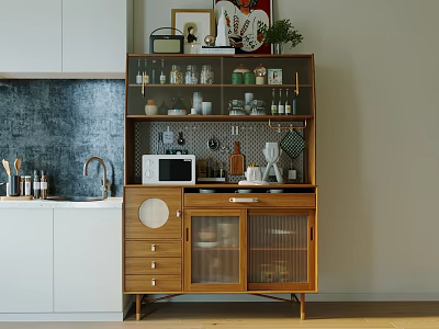 Wooden Cabinet With Glass Doors And Storage Items In Modern Kitchen With White Cabinets 3d model