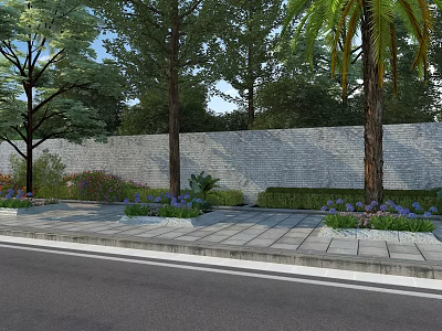 Urban Tree Pit Design With Trees Purple Flowers And Gray Stone Wall 3d model