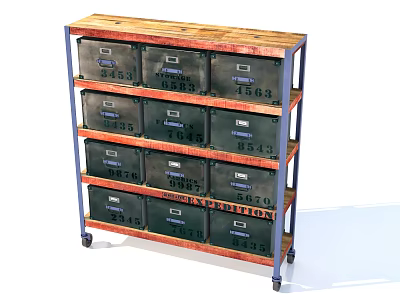 Storage Display Shelf With Metal Frame Wooden Top Labeled Drawers On Wheels 3d model
