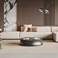 Modern Living Room With Beige L shaped Sofa Black Round Coffee Table And Curved Floor Lamp