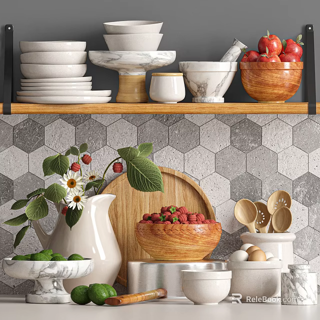 Kitchen Utensils Including Wooden Bowls Plates Spoons On Shelf With Hexagon Tile Wall 3d model 