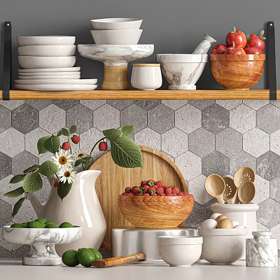 Kitchen Utensils Including Wooden Bowls Plates Spoons On Shelf With Hexagon Tile Wall 3d model