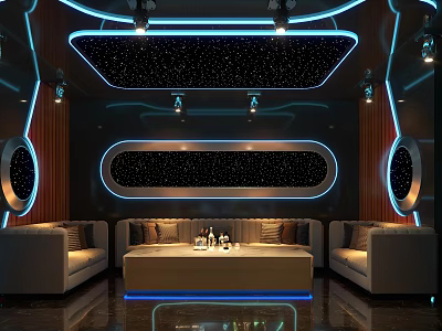 Futuristic KTV Interior With Neon Lights Starry Ceiling Sofas And Coffee Table 3d model