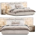 Modern Double Bed With Tufted Headboard Soft Pillows Cozy Duvet And Nightstand