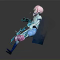 Pink Haired Woman In White Top Blue Pants With Blue Leaves Pink Flowers Water Droplets