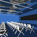 Modern Conference Room With Blue Walls White Chairs Large Screen And Ceiling Design