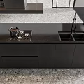 Modern Kitchen Interior With Wooden Ceiling Black Cabinets Island And Large Windows