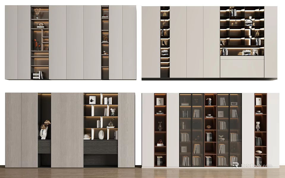 Modern Bookcase Design With Open Shelves Closed Cabinets And Decorative Items 3d model 