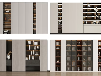 Modern Bookcase Design With Open Shelves Closed Cabinets And Decorative Items 3d model