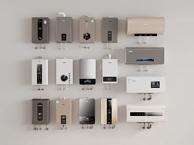 Smart Water Heating Machines With Various Designs And Modern Styles On 3d model