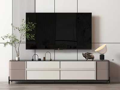 Modern TV Stand with Drawers Large Flat Screen TV Green Plant and Decorative Sculpture 3d model