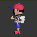 3D Cartoon Character Wearing Pink Cap White Mask Striped Shirt Blue Shorts Pink Shoes