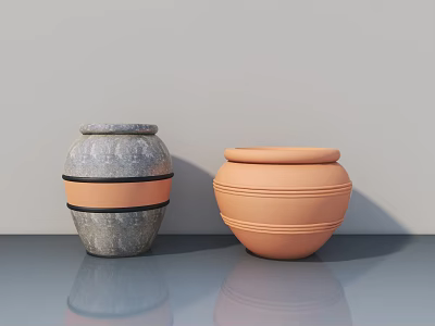 Two Decorative Pottery Vases Gray With Black Stripes And Orange On Gray Surface 3d model