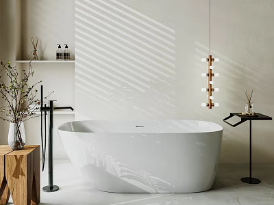 White Freestanding Bathtub In Minimalist Bathroom With Wooden Table And Pendant Light 3d model