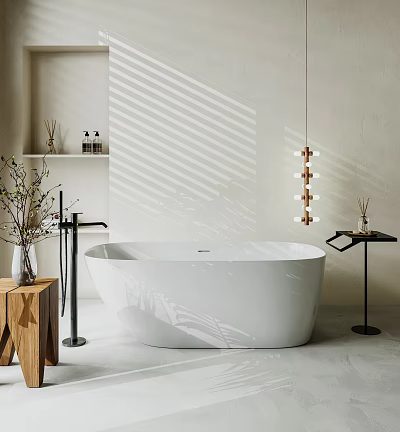 White Freestanding Bathtub In Minimalist Bathroom With Wooden Table And Pendant Light 3d model