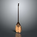 Wooden String Musical Instrument with Carved Patterns and Art Supplies on Gray Background