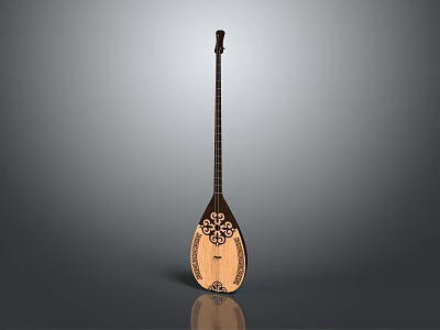 Wooden String Musical Instrument with Carved Patterns and Art Supplies on Gray Background 3d model
