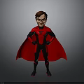 Cartoon Superhero Character In Black Suit With Red Cape Glasses And Chest Symbol