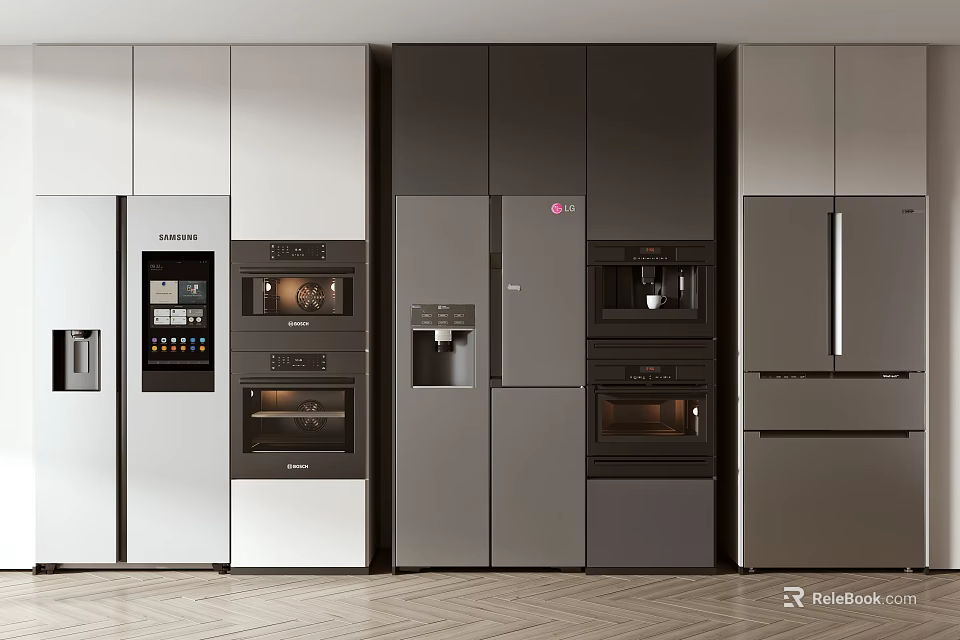 Modern Kitchen Interior Featuring Built in Stainless Steel Refrigerators and Freezers 3d model 