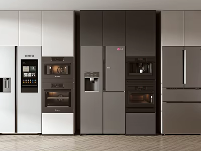 Modern Kitchen Interior Featuring Built in Stainless Steel Refrigerators and Freezers 3d model