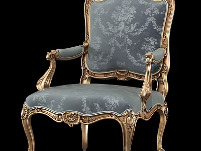Elegant Ornate Leisure Chair With Gold Carved Frame And Blue Floral Upholstery 3d model