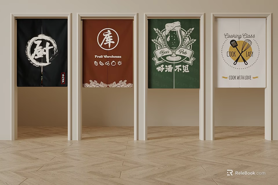 Stylish Kitchen Curtains with Decorative Patterns Chinese Characters and Utensil Designs 3d model 