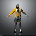 3D Character With Teal Hair Goggles Yellow Jacket And Reflective Shoes