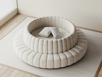 Circular Beige Sectional Sofa with Layered Structure and Plaid Cushions in Bright Wooden Floor Setting 3d model