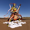 Armored Game Movie Character With Lute Flowing Ribbons On Cloud In Desert Blue Sky