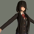 Anime Girl Character in School Uniform with Long Black Hair Purple Skirt and Arms Outstretched