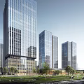Modern High Rise Office Buildings With Central Green Spaces And Urban Plaza
