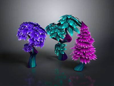 Vibrant Cartoon Scene With Purple Teal Pink Leaf Trees Curved Trunks 3d model