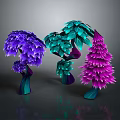 Vibrant Cartoon Scene With Purple Teal Pink Leaf Trees Curved Trunks