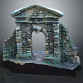 Ancient Weathered Stone Archway Ruins With Moss Covered Walls And Grass
