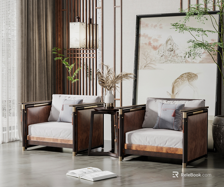 Chinese Style Leisure Sofa Set With Wooden Frame Leather Cushion And Side Table Green Plant 3d model 